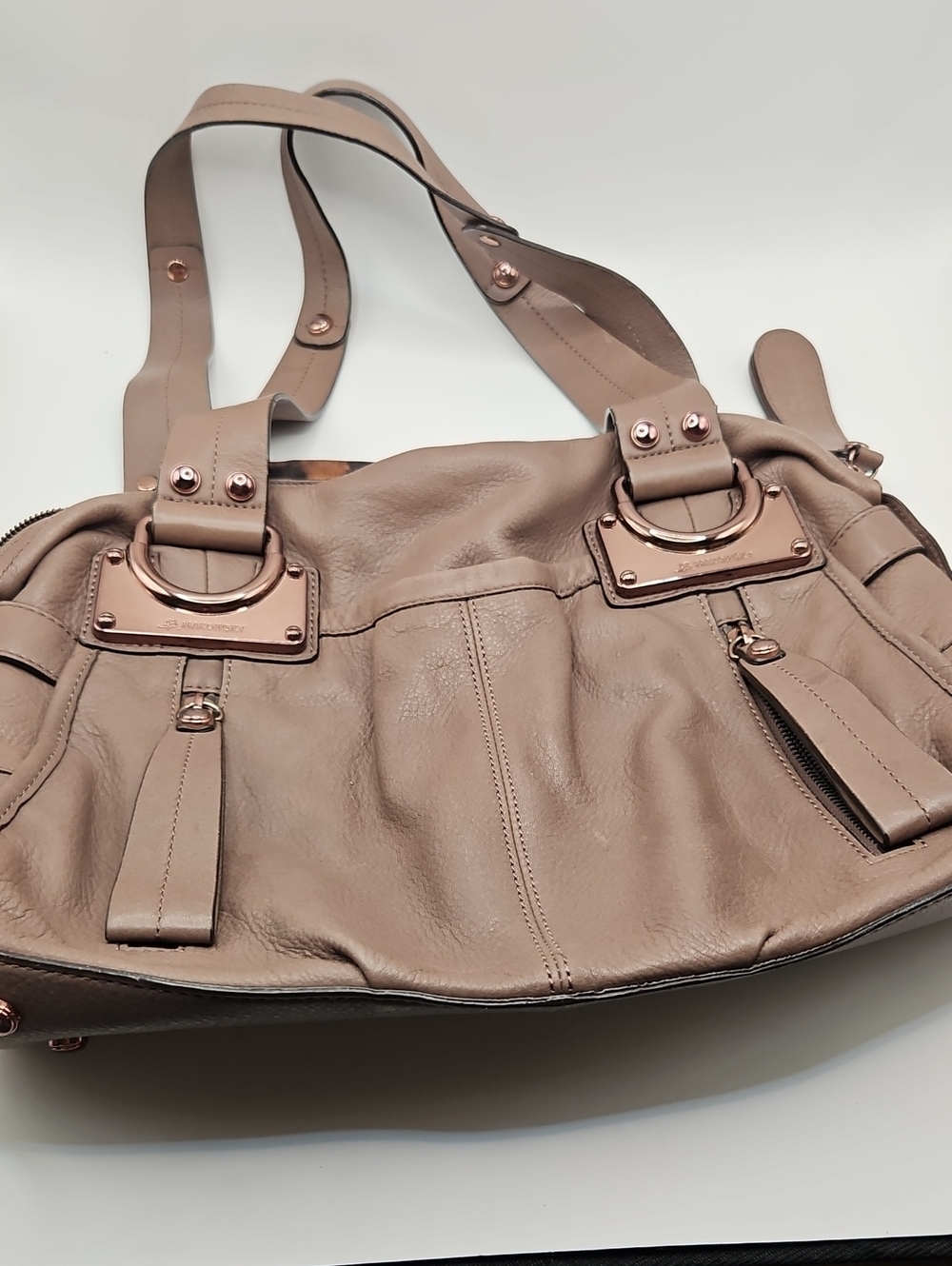 B Makowsky Classic Taupe Leather Shoulder Bag with Rose Gold Hardware Purse